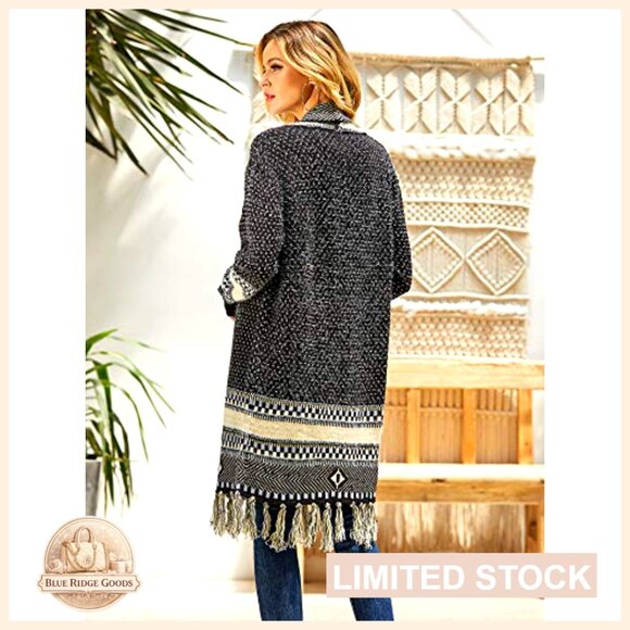 Long Open Front Cardigan Sweater with Tassel Fringe, 100% Acrylic - Picture 5 of 7